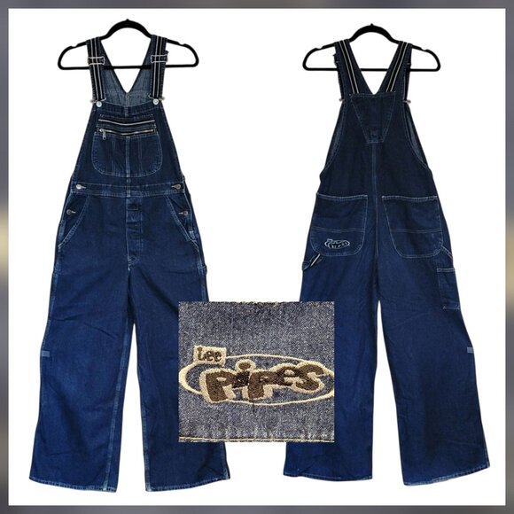 Lee Pipes Wide Leg Carpenter Denim Bib Overalls  90sY2K Baggy Skater Vintage - Picture 1 of 12